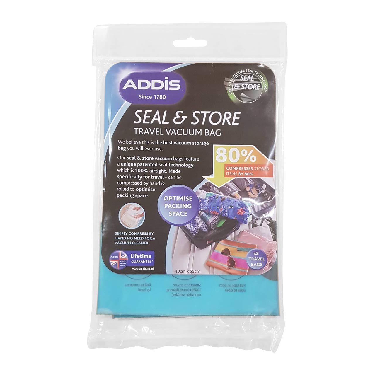 Addis 518134 Home Vacuum Storage Bags with 100% air-Tight Static Seal & Store Travel Twin Pack Set, Clear, 40 x 55cm