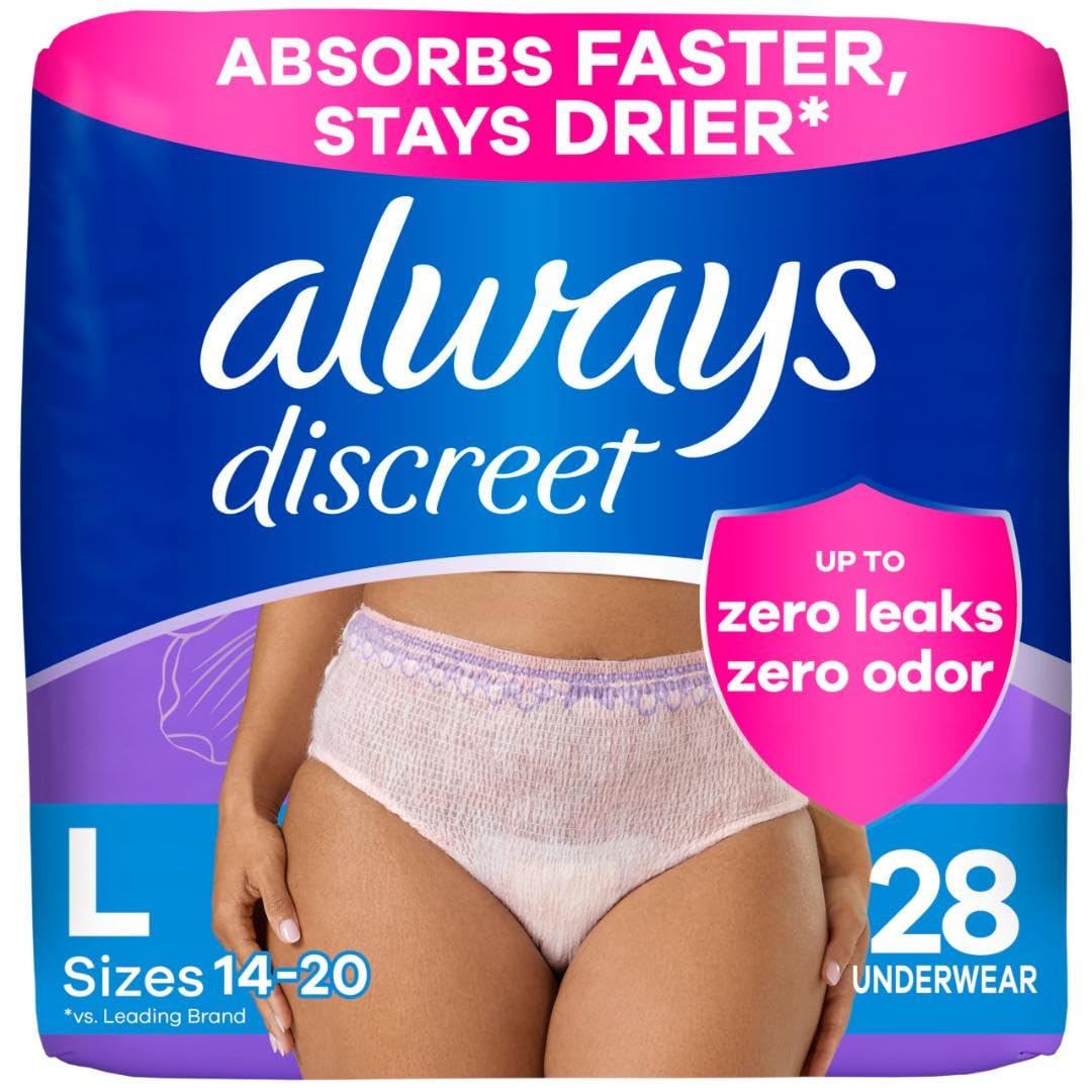 Photo 1 of Always Discreet Adult Incontinence Underwear for Women and Postpartum Underwear, Large, Up to 100% Bladder Leak Protection, 28 Count DAMAGED PKG  / PACKAGING MAY VARY