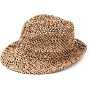 Anller Retro Straw Fedora Hat, Lightweight Breathable Summer Sun Hat, Sun-Protective Woven Mesh Beach Hat