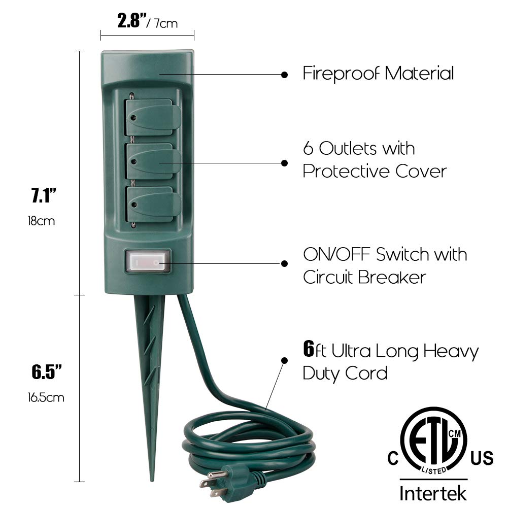 Plusmart 6 Outlet Outdoor Yard Power Stake Garden, 6ft Weatherproof