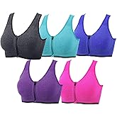 SLLIE 5PCS Women's Zip Front Sports Bra Post-Surgery Bra Zipper Front Wirefree Removable Pads Yoga Bra Racerback Workout Bras