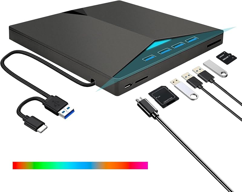 OrcoW USB 3.0 Type-C CD DVD Drive Player Burner Reader Writer w/ 4 USB SD TF