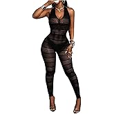 Milumia Women's Hollow Out See Though Backless Halter Jumpsuit Sexy Sheer V Neck Bodycon Romper Pants