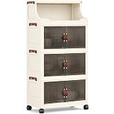 FoldTrend 174QT Stackable Storage Bins with Top Lid and Wheels, 4 Tier Foldable Storage Cabinet, Easy to Install, Closet Organizers and Storage for Pantry, Home, Dorm, Office Garage, Clear