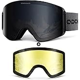 Odoland Ski Goggles with Detachable Lens, Frameless Interchangeable Lens Anti-Fog 100% UV Protection Snowboard Snow Goggles