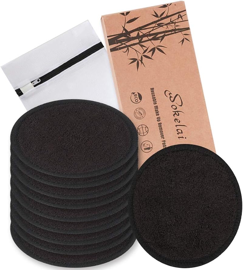 wokelai 10pk Reusable Makeup Remover Pads Black Bamboo Cotton Rounds Washable