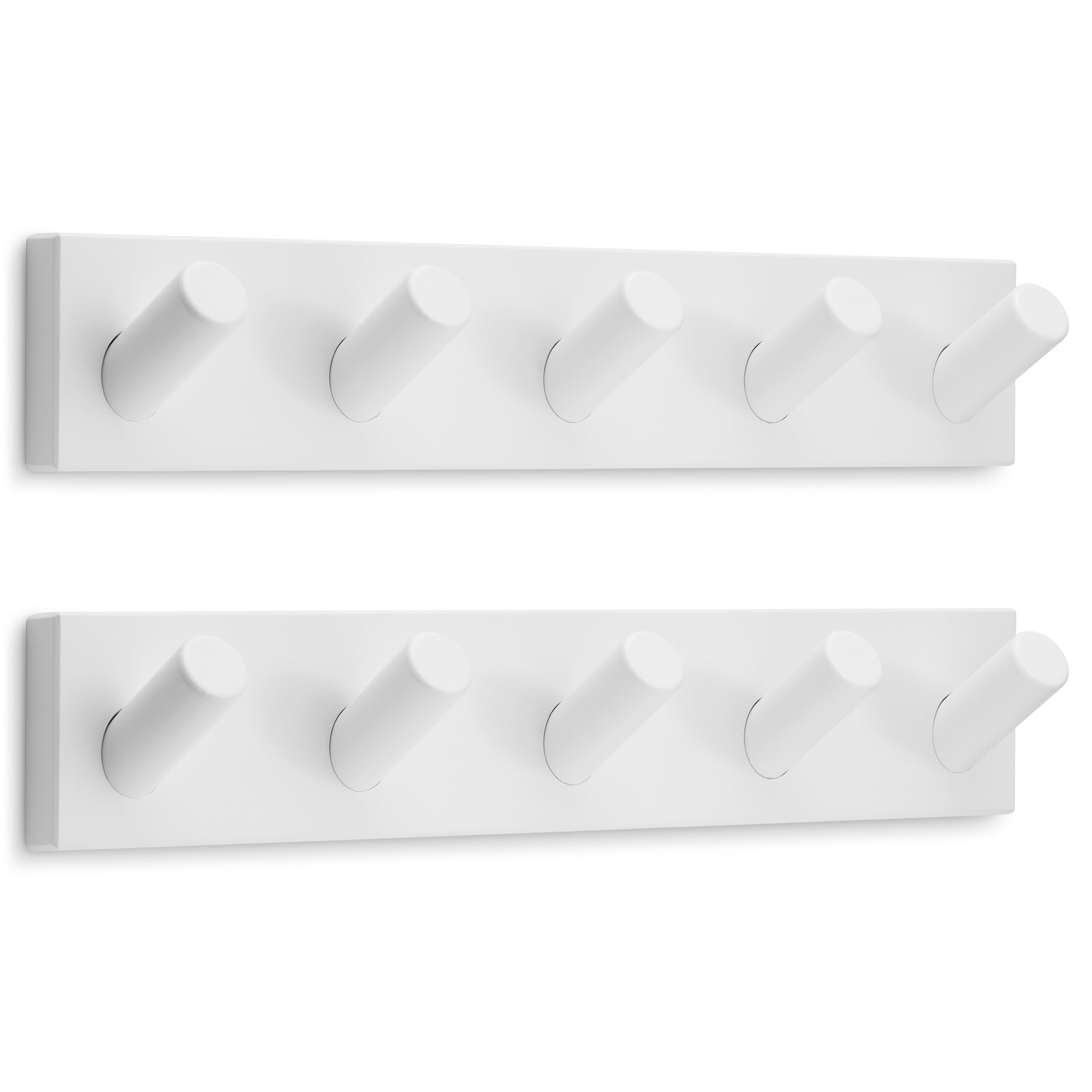 LARHN White Coat Hooks Wall Mounted Coat Rack with 5 XL Hooks (2-Pack), 42cm - All Fixings Included for Quick & Easy Installation