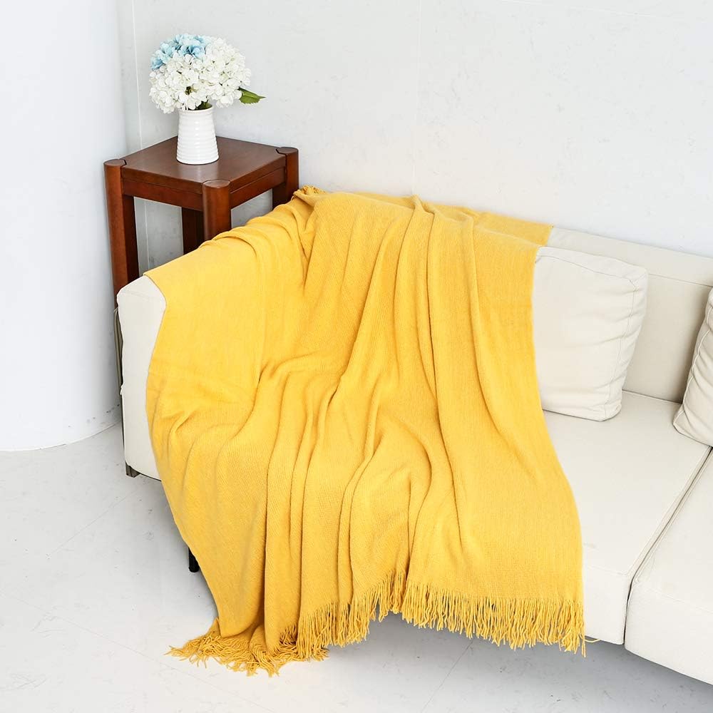 INSHERE Solid Gold Yellow Color Knitted Throw Blanket with Tassels Fringe Soft Cozy Comfy Warm Lightweight Fall Home Decor for Couch Chair Sofa Bedroom Living Room 51''x67'': Kitchen & Dining