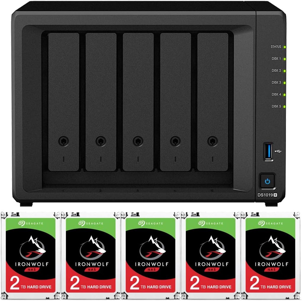 Synology DS1019+ 5-Bay DiskStation Bundle Assembled and Tested with 8GB RAM and 10TB (5 x 2TB) Seagate Ironwolf NAS Drives