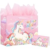 Unicorn Gift Bag for Girls, Unicorn Birthday Decoration Set with 13" Large Bag, Card, and Tissue Paper for Kids' Birthday Celebrations(Pink)