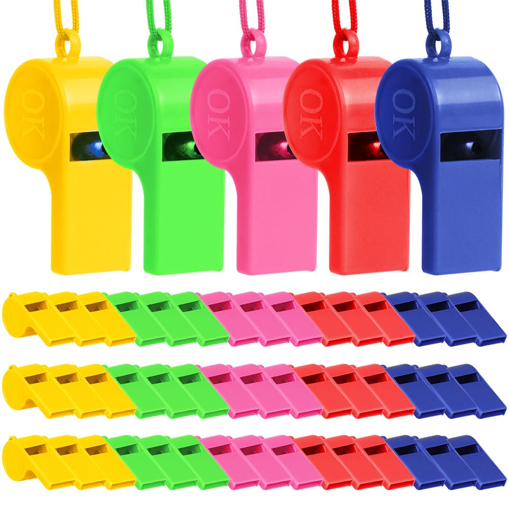 Vicloon Placstic Whistle, 60pcs Referee Whistle, Whistles with Lanyards Sport Whistle children's whistle for School Sports Training, Football, Security and Emergency Survival (5 Colors)