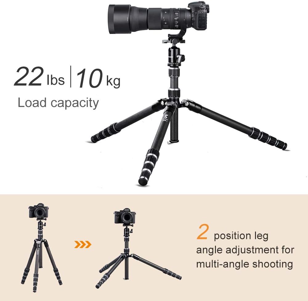 K&F Concept 61" Carbon Fiber Camera Tripod, B210 Professional Lightweight Compact Tripod with 2 Sections Central Column 360 Degree Ball Head and Carrying Case for Digital Camera/Camcorder : Camera & Photo