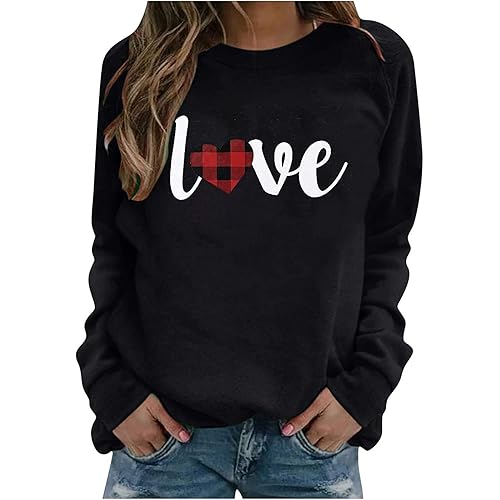 Valentine's Day Pullover Sweatshirts for Women Long Sleeve Love Letter Print Sweater Crewneck Casual Tops Shirts