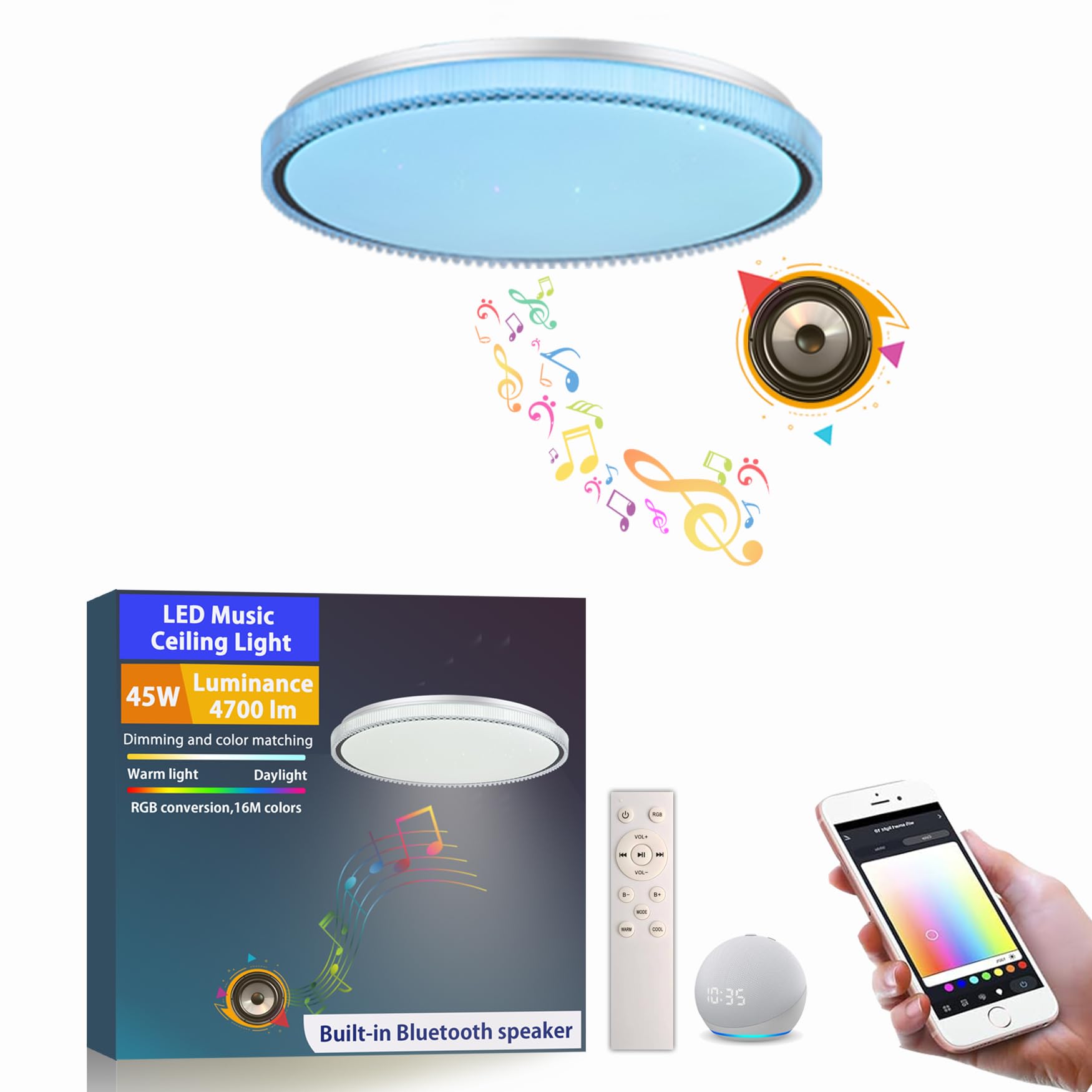chysongoods 40CM BZ LED Music Ceiling Light, Alexa Compatible, Built-in Bluetooth Speaker, RGB Lighting Effect, dimmable, Comes with Remote Control