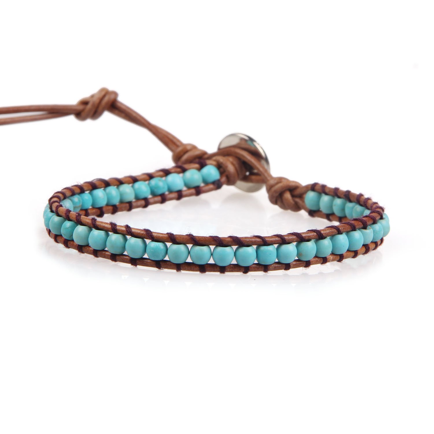 KELITCH Natural Turquoise Beads Wrap Bracelet New Crystal Strand bracelet for Womens (Brown Blue)