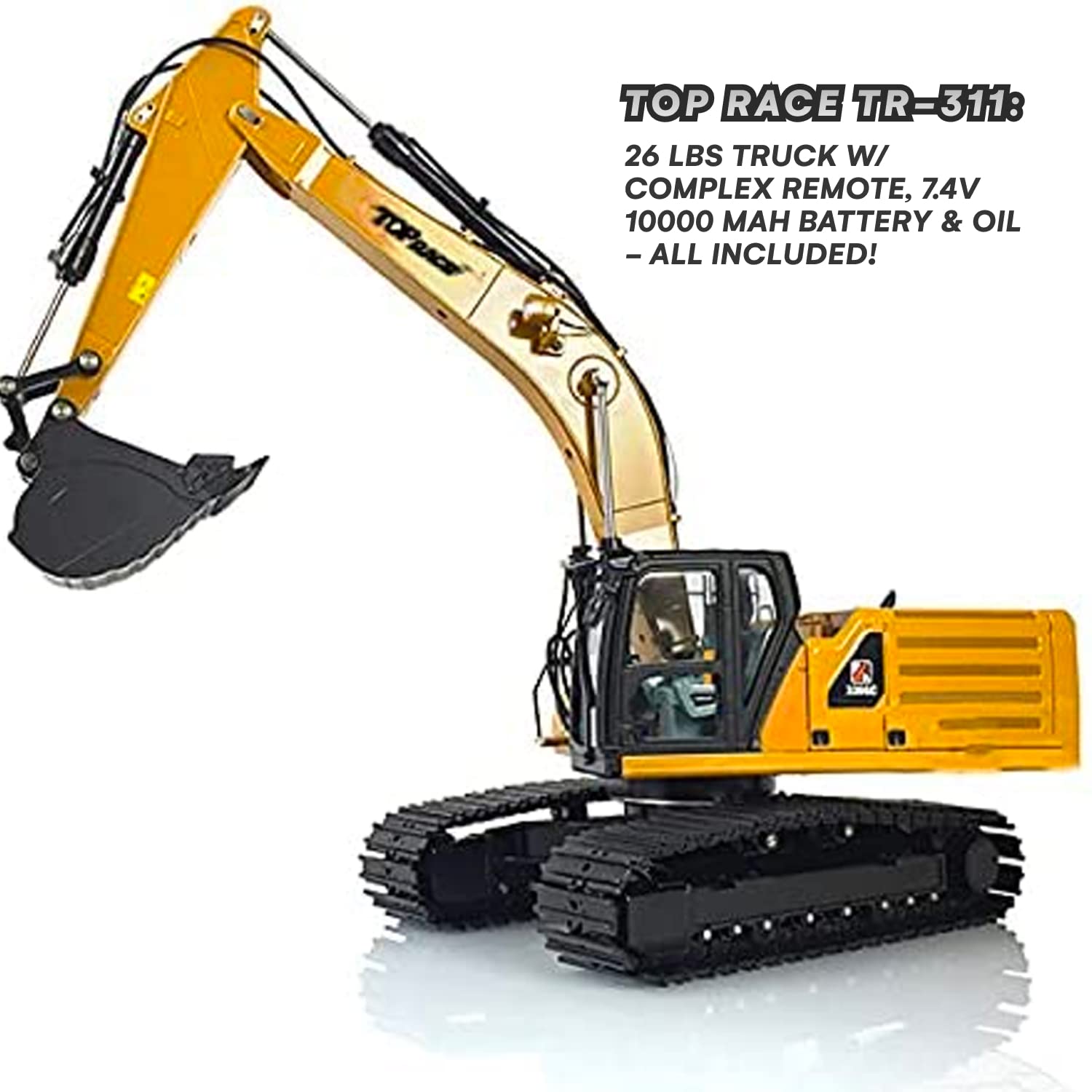 Top Race Hobby Grade Remote Control Hydraulic Excavator, All Included Battery, Hydraulic Oil, Transmitter, Ready to Run 1:14 Scale TR-311