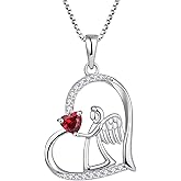 FJ Heart Guardian Angel Necklace 925 Sterling Silver Angel Wing Pendant Birthstone Jewelry for Women
