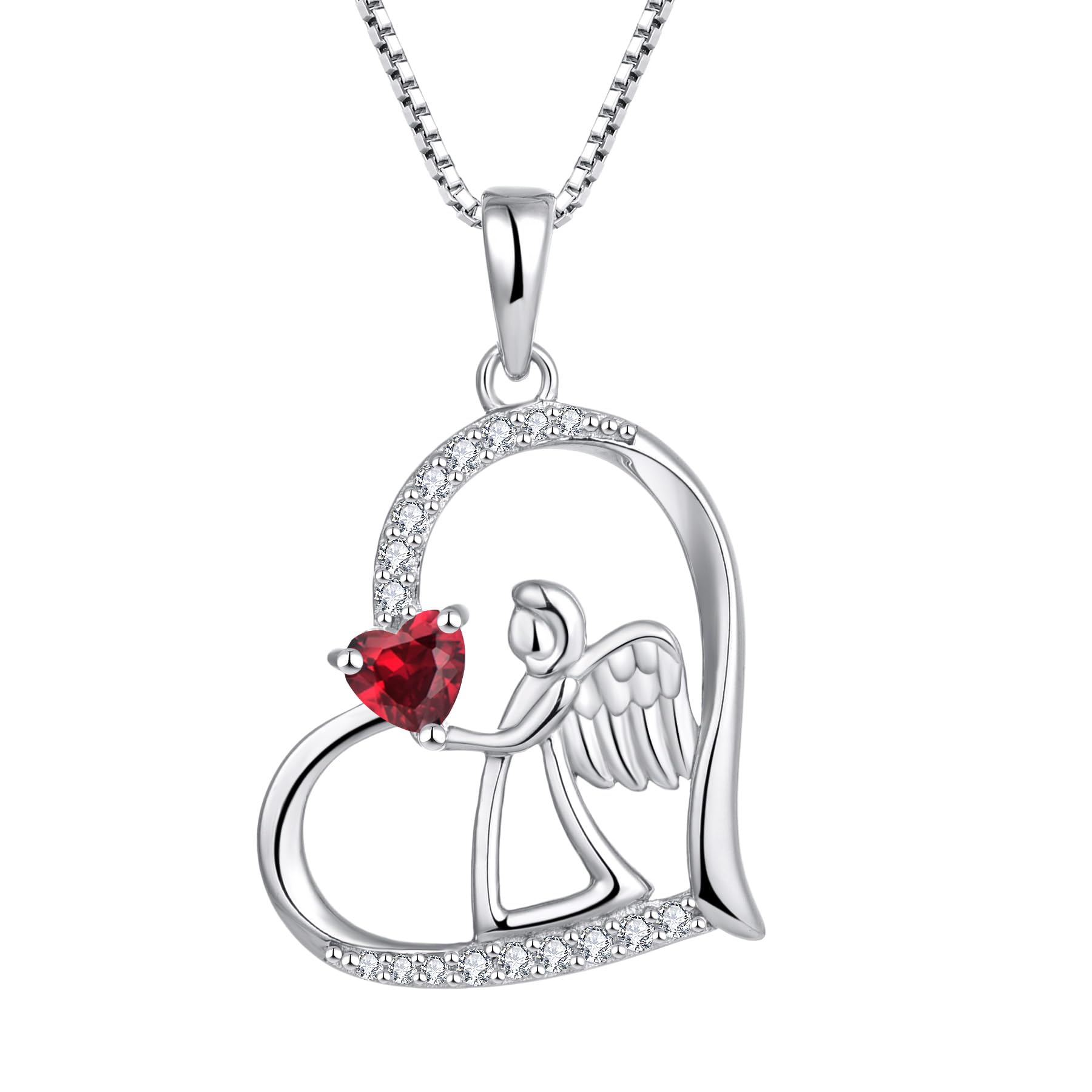 FJ Heart Guardian Angel Necklace 925 Sterling Silver Angel Wing Pendant Ruby Necklace July Birthstone Jewellery for Women