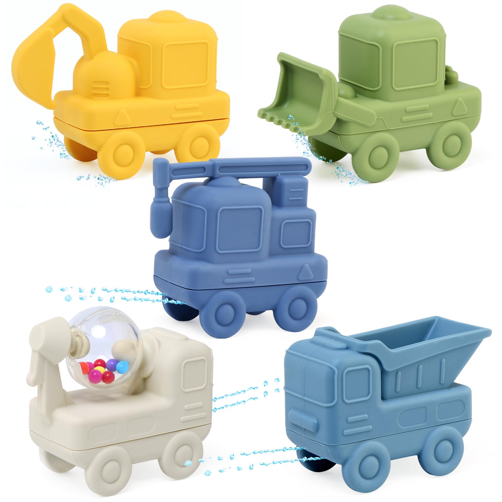 JoyLife Cars Bath Toys Play Set 5 Pack Mould Free Bathtub Toys No Hole Silicone Squeezable Baby & Toddler Bath Toys Sensory Floating Water Baby Pool Toys for Boys Girls