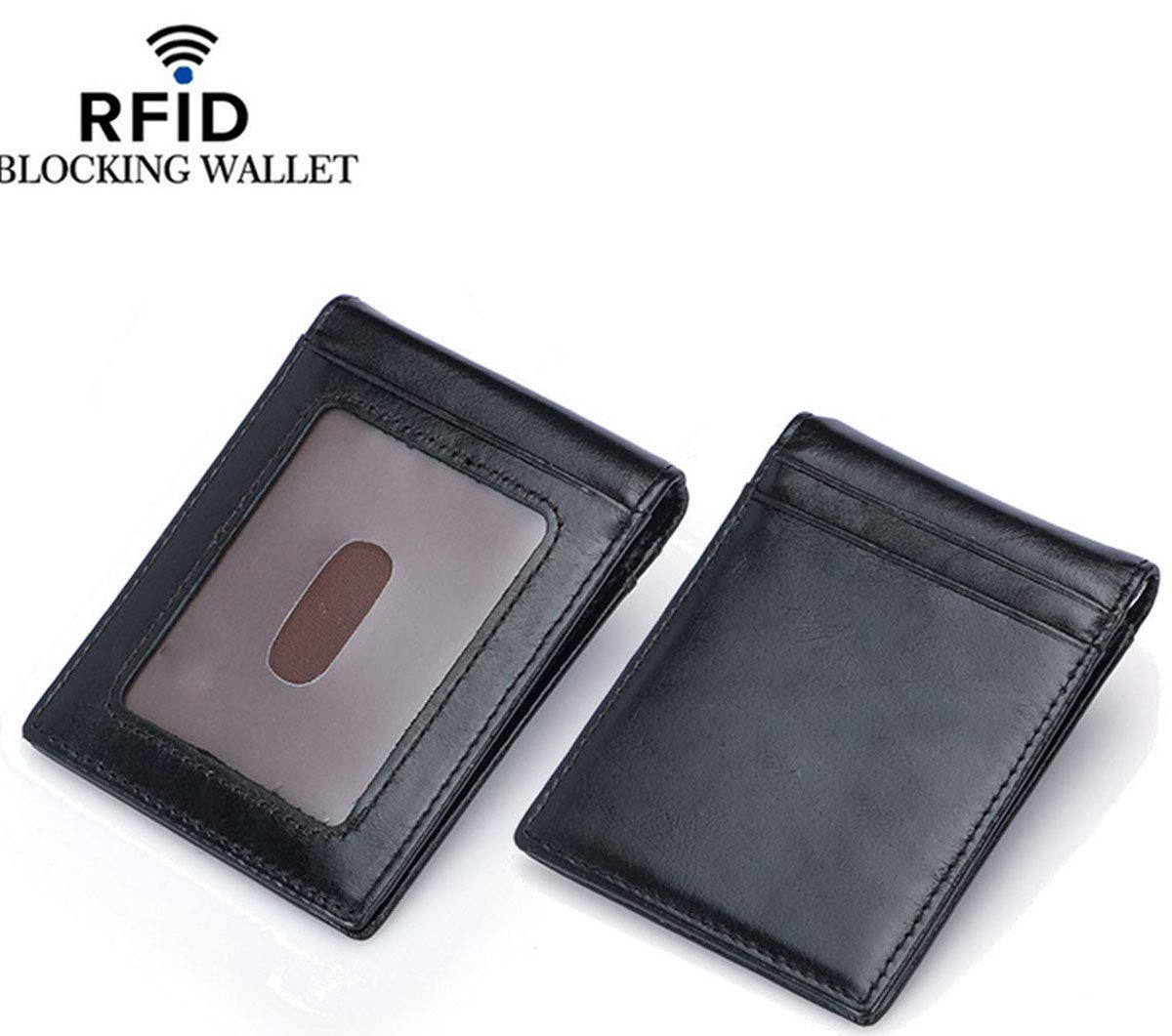 RFID Blocking Wallet Money Clip en Cuir pour Hommes, Jingleer Slim Black Bifold Carte de crédit Porte-Monnaie avec fenêtre Transparente pour ID Photo, permis de Conduire