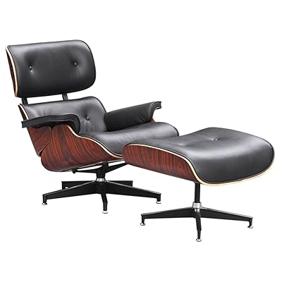 Designer Modern Classic Plywood Lounge Chair & Ottoman, Black Leather