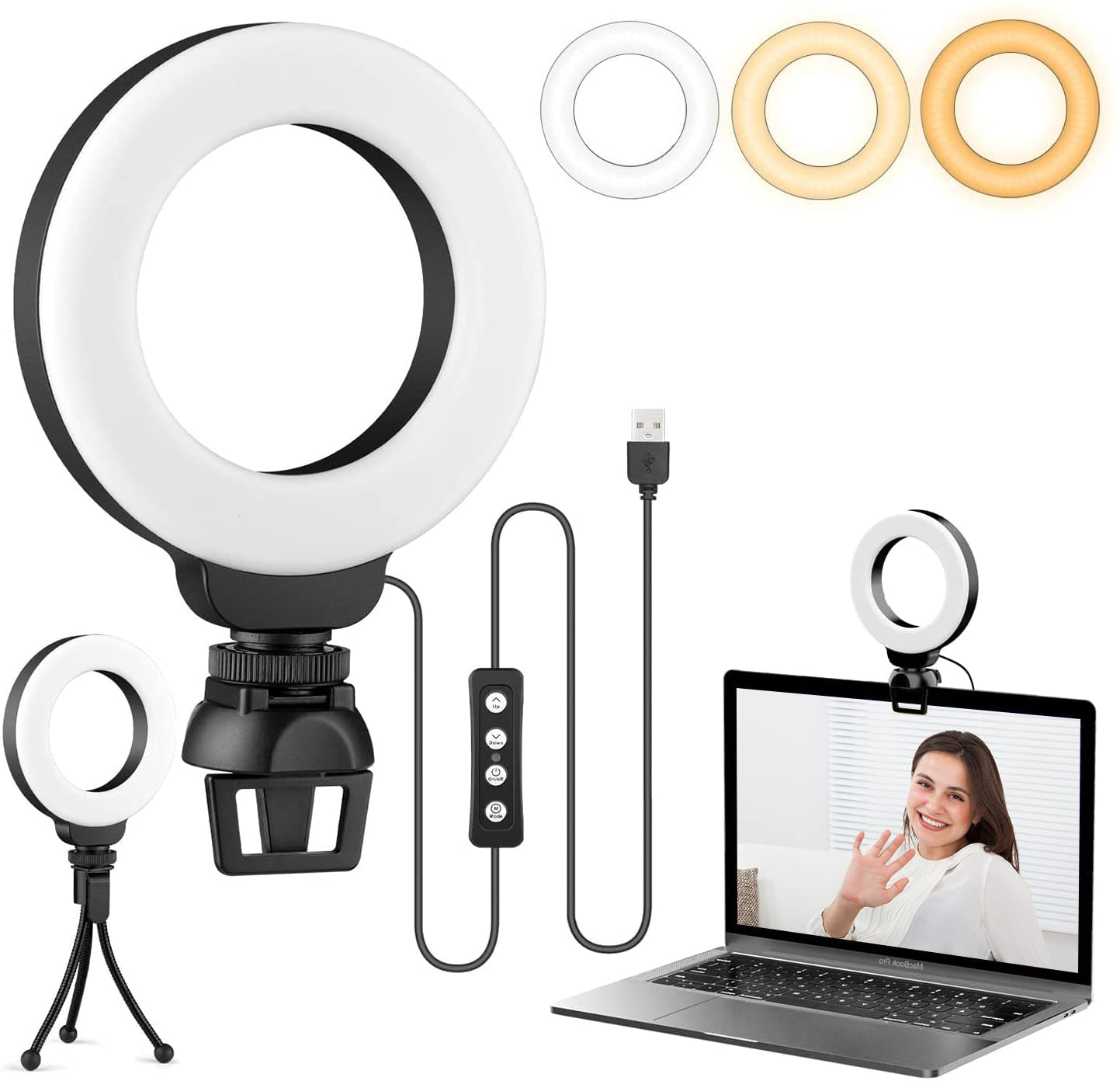 Video Conference Lighting Kit, Dveda Ring Light for Laptop Phone with Clip and Tripod, Desktop PC 4" Selfie Dimmable Light with Stand Ring Light for Live Streaming, Video Recording, Makeup