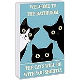 SUDIKUB Vintage Black Cat Bathroom Signs Decor Funny Wooden Cat Art Desk Decor Retro Bathroom Art Welcome To The Bathroom Sign For Restroom