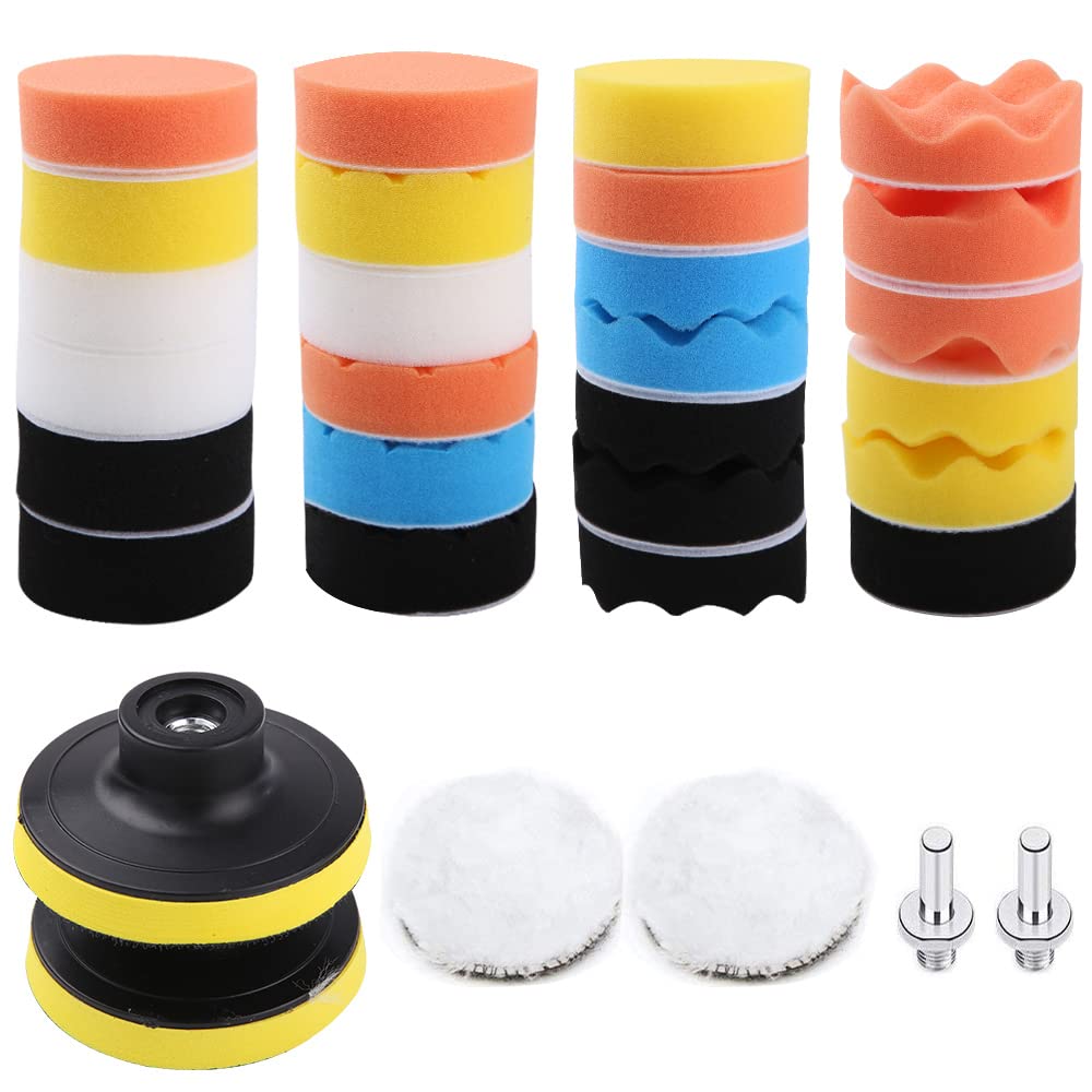 Liesun Polishing Pads for Drill, 31 Pieces Polishing Pads, 25pcs Sponge Polishing Pads,2pcs Woolen Buffing Pads, 2pcs M10 Drill Adapters, for Car Furniture Polishing Waxing and Sealing Glaze