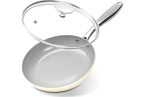 MICHELANGELO 20cm Ceramic Frying Pan Non Stick with Lid Small Frying Pan Non Stick Non Toxic Frying Pan Ceramic Coated Beige