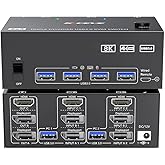 KVM Switch 3 Monitors 2 Computers 8K@60Hz 4K@144Hz, HDMI+2 Displayport KVM Switch Triple Monitor for 2 Computer Share 3 Moni