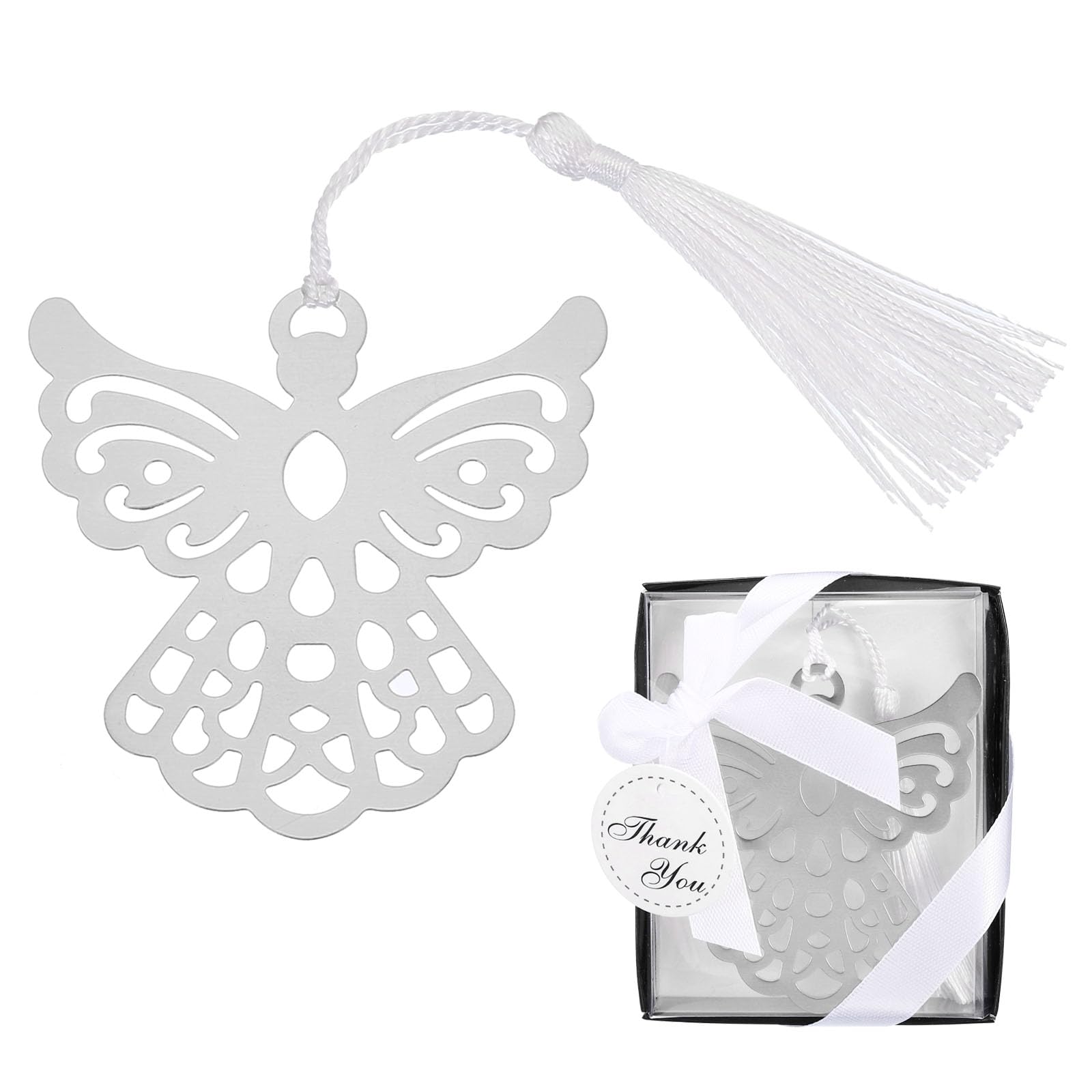 YOKIVE 60 Pcs Metal Angel Bookmark Favors with Elegant Silk Tassel, Decoration and Marking, Great for Teachers/Students (Silver, 2.95x 2.56 Inch)