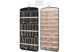 Hanging Jewelry Organizer with 36 Necklace Hooks,39 Pouches, Double Sided, Swivel, Portable Display and Storage Organizer for