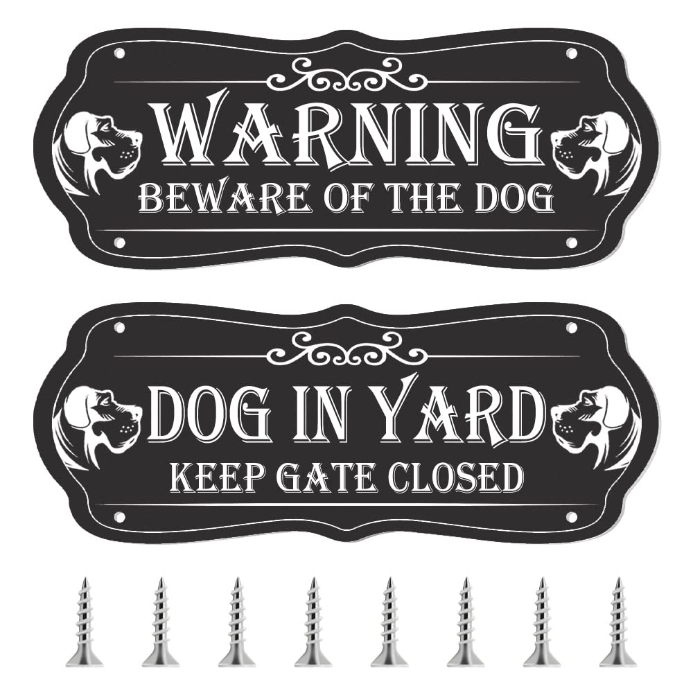 2 Pieces Beware of Dogs Sign for Fence, 9 x 3.5 Inch Dog in Yard Keep Gate Closed Sign Metal, Warning Dog Sign with Screws for Lawn, Fence, Garden