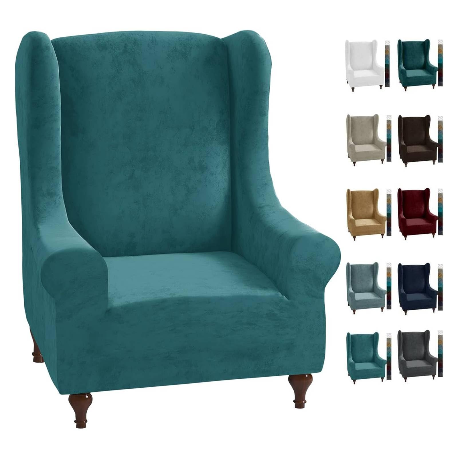 CHELZEN Stretch Velvet Wingback Chair Slipcover Soft Slipcovers for Wingback Chairs Wing Chair Cover with Elastic Bottom (Wing Chair, Peacock Blue)