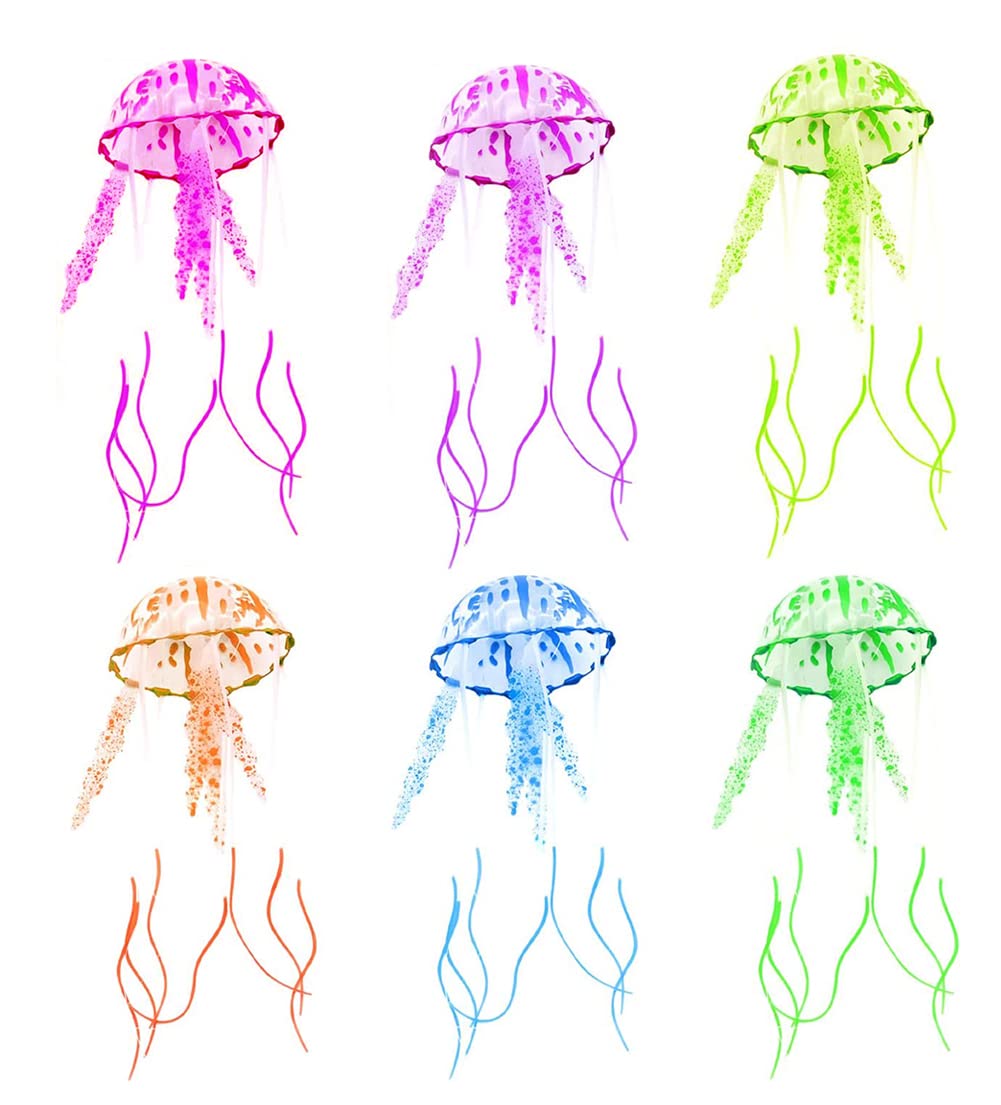 BETOY Artificial Jellyfish, 6 Pieces Glowing Jellyfish Fish Tank Aquarium Jellyfish Universal Silicone Emulation Jellyfish Decoration Suitable for Aquarium, Fish Tank, Multi-Color Selection,15x15cm