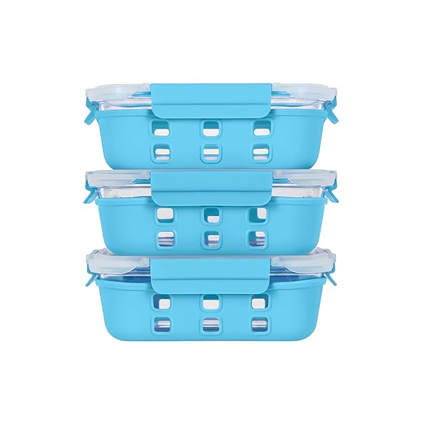 ECOBERI 4.5 CUP GLASS MEAL PREP CONTAINERS WITH LIDS & SILICONE SLEEVES, 3-PACK AIRTIGHT, LEAK-RESISTANT FOOD STORAGE CONTAINERS FOR FRIDGE, FREEZER, OVEN & MICROWAVE