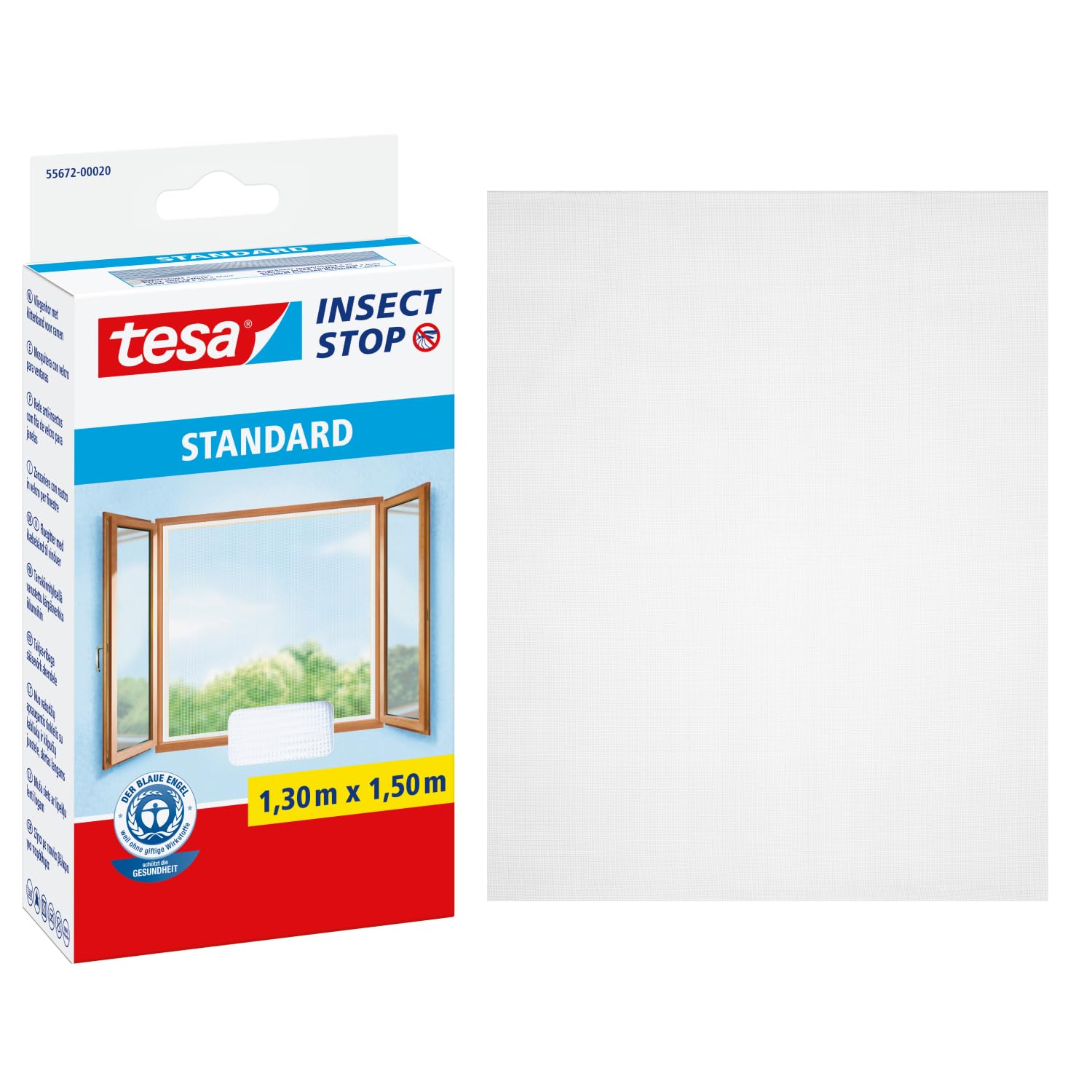 tesa INSECT STOP Klett Fliegengitter für Fenster - Insektenschutz mit Klettband, zuschneidbar - Mückenschutz ohne Bohren - 1 x Fliegen Netz - 130 cm x 150 cm - Weiß