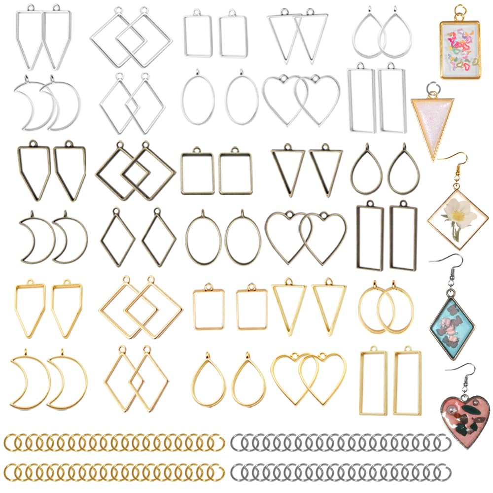 AIFUDA 60 Pcs Bezels for Resin Jewellery Making, Hollow Frame Pendant Epoxy Resin Kits Open Bezels for Resin Casting Necklace Earring Jewellery Making Supplies