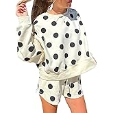 KevaMolly Womens Two Piece Lounge Sets Polka Dot Print Drop Shoulder Oversized Pullover Drawstring Shorts Set