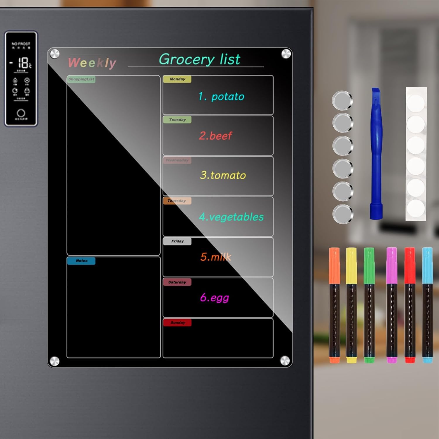 Bysameyee Fridge Calendar Meal Planning Board, Dry Erase Acrylic Magnetic Monthly Weekly Calendar Planner for Refrigerator with 6 Colors Markers (Black-Weekly(15.7x11.8"))