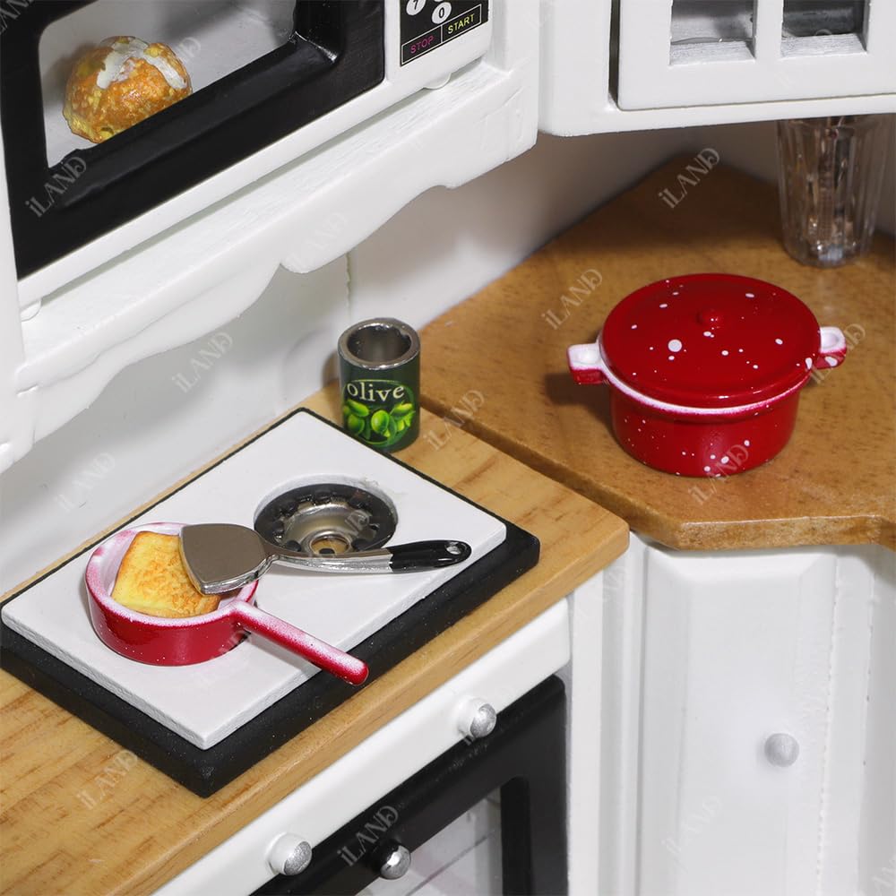 iLAND 1/12 Scale Accessories of Dollhouse Kitchen, Dollhouse Miniatures Cooking Set, Mini Metal Pots & Pans & Turners w/Stand