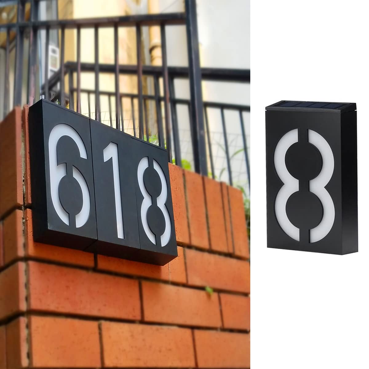 TINYOUTH Solar House Number - Number 8, Door Number Plaques Light for Wall, 6 LED House Numbers Plaque with Lights, IP55 Waterproof House Finder for DIY House Sign
