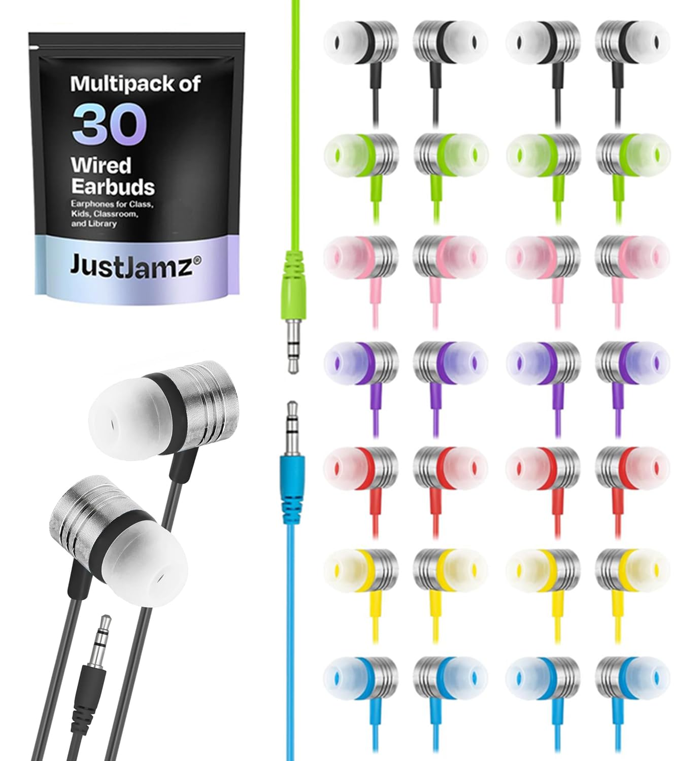 JustJamz Bulk Earbuds Jelly Matte | 30 Pack of Colorful in-Ear Earbuds | Stereo Sound & Silicone Earbud Tips | 3.5mm Stereo Multi-Color Bulk Earphones | for Schools, Kids, Classrooms & Libraries