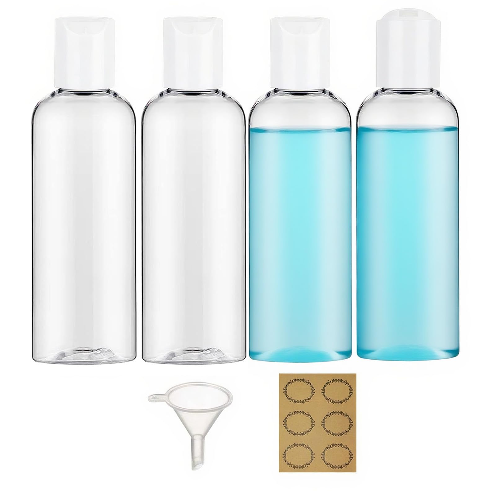 Apstaqeoo 4PCS 150ML Plastic Bottles with White Disc Top Flip Cap Empty Squeeze Bottles Clear Refillable Travel Container Dispenser with Funnel Label for Liquid Lotion Shampoo Toiletries Cosmetic