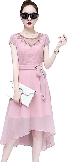 Amazon Mengfan レディース シフォン ワンピース 半袖 夏着 きれいめ ロングワンピース 無地 レース付き エレガント ドレス ワンピ ベルト付き Aライン 着痩せ レギンス付き カジュアル 韓国風 ワンピース チュニック 通販