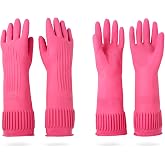 Mamison Rubber Dishwashing Gloves, Non-Slip Kitchen, Pink Medium, 2 Pairs | Korean natural latex, long cuff, thick and durable, textured non-slip grip, for dishwashing and kitchen cleaning