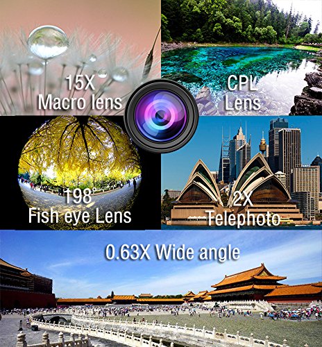 Phone lens 5 in 1 GUANZHI HD Camera Lens Kit 198 Degree Fisheye Lens/0.63x Wide Angle/15x Macro Lens/2X Telephoto Lens/CPL Lens for iPhone X/8/7/6/6s Plus/5s SE Samsung Galaxy S7/S7 E(5 in 1 Lens Kit)