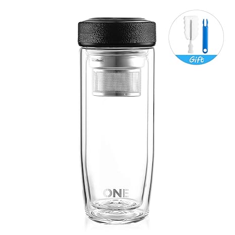 Oneisall 15 Ounce Glass Tea Tumbler With Strainer For Loose Leafinsulated Travel Coffee Mugleak Proof Glass Tea Cupnew Black 460milliliter