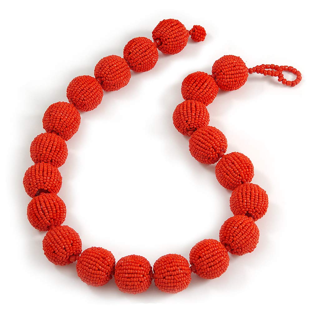 Avalaya Carrot Red Glass Bead Ball Chunky Necklace/ 54cm Long