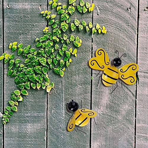 Metallic wall art set featuring bees in a backyard setting.